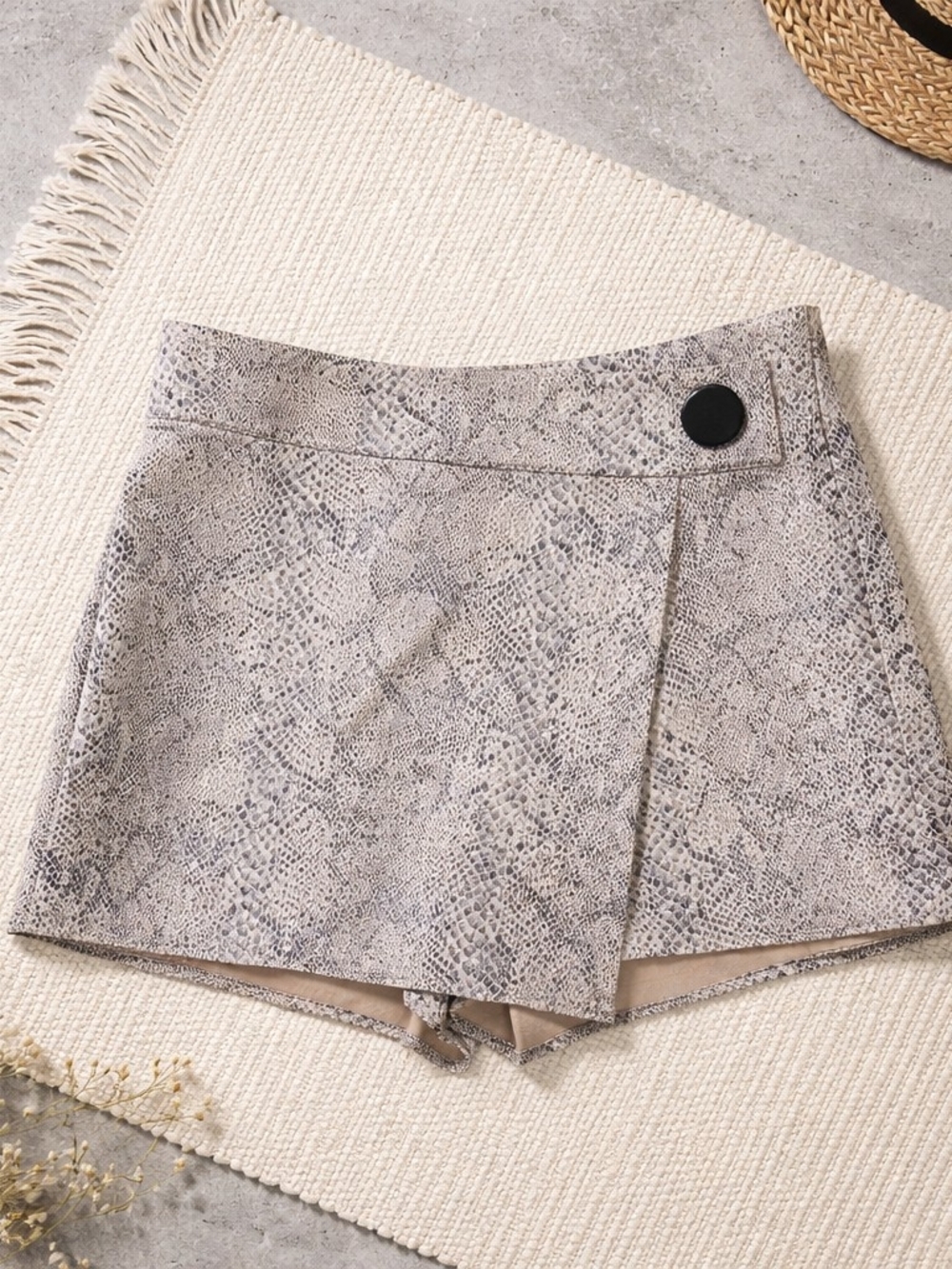 Zara Snake-Print Skort Shorts in Taupe and Black Button